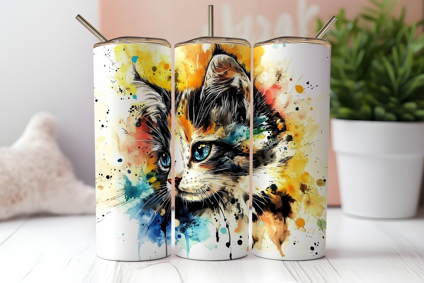Ink Style Cat Design -20oz Printed Straight Tumbler