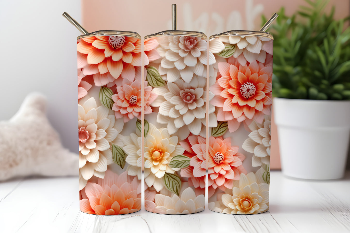 3D Floral design - 20oz Printed Straight Tumbler